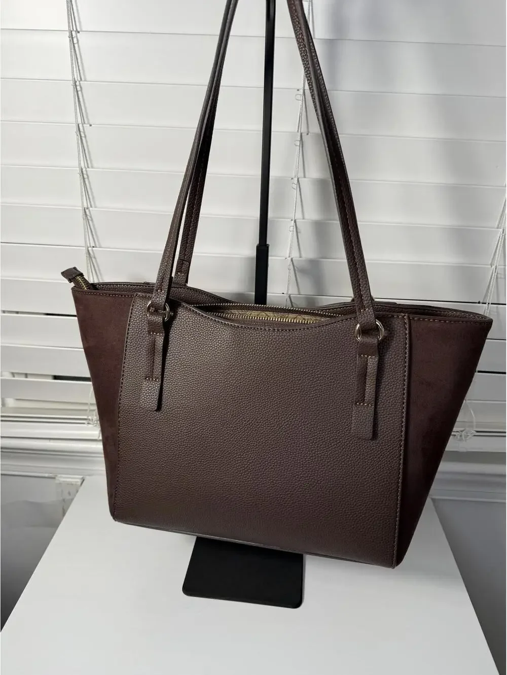 Nanette Lepore Chocolate Brown Pebbled Faux Leather & Suede Tote Bag Charm Chain - Picture 2 of 7